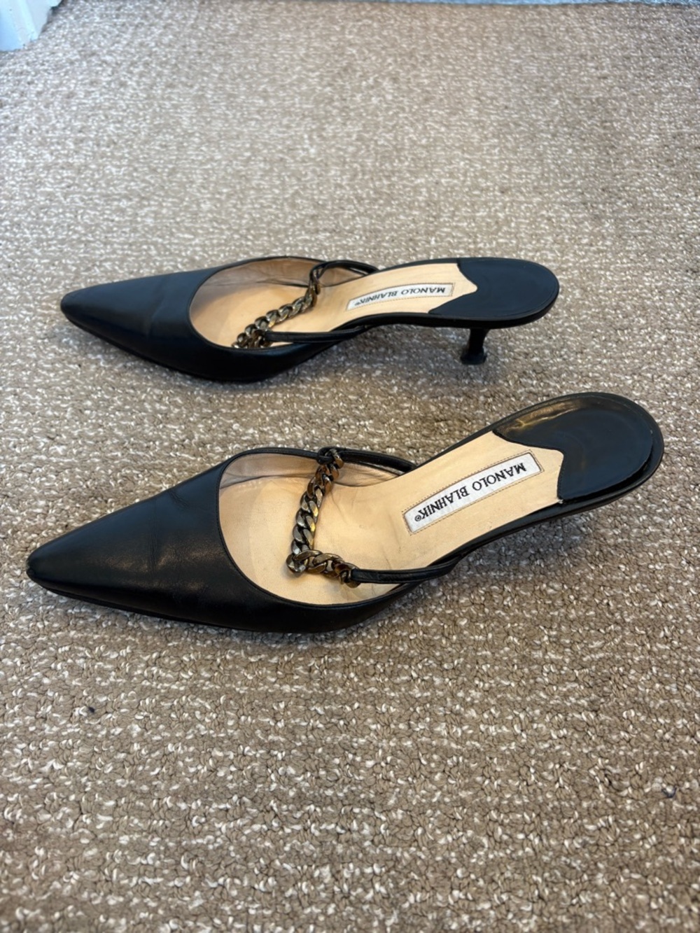 Manolo Blahnik Black Leather Chain-Accent Pointed Kitten Heel Mules